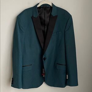 New J. Ferrar Teal Slim Fit Tuxedo Jacket with Black Accents Size 48 Regular